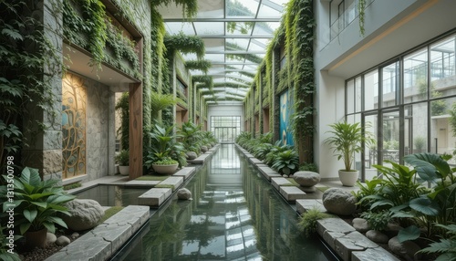 Serene Indoor Garden with Water Reflection and Lush Greenery