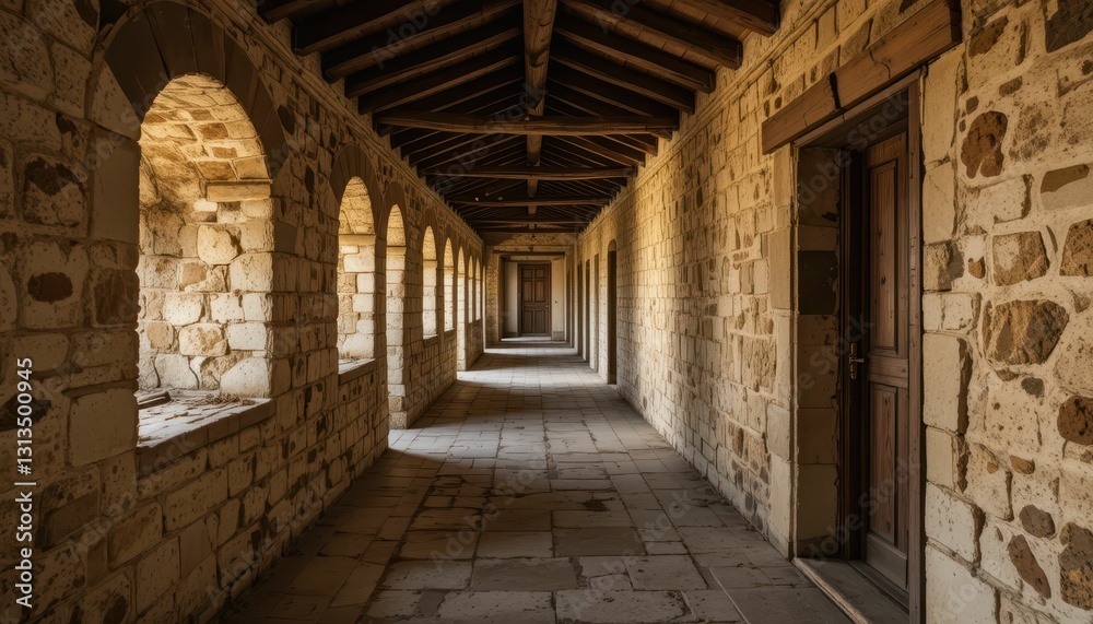 Serene Stone Corridor with Arched Windows and Wooden Beams Serene Stone Corridor with Arched Windows and Wooden Beams