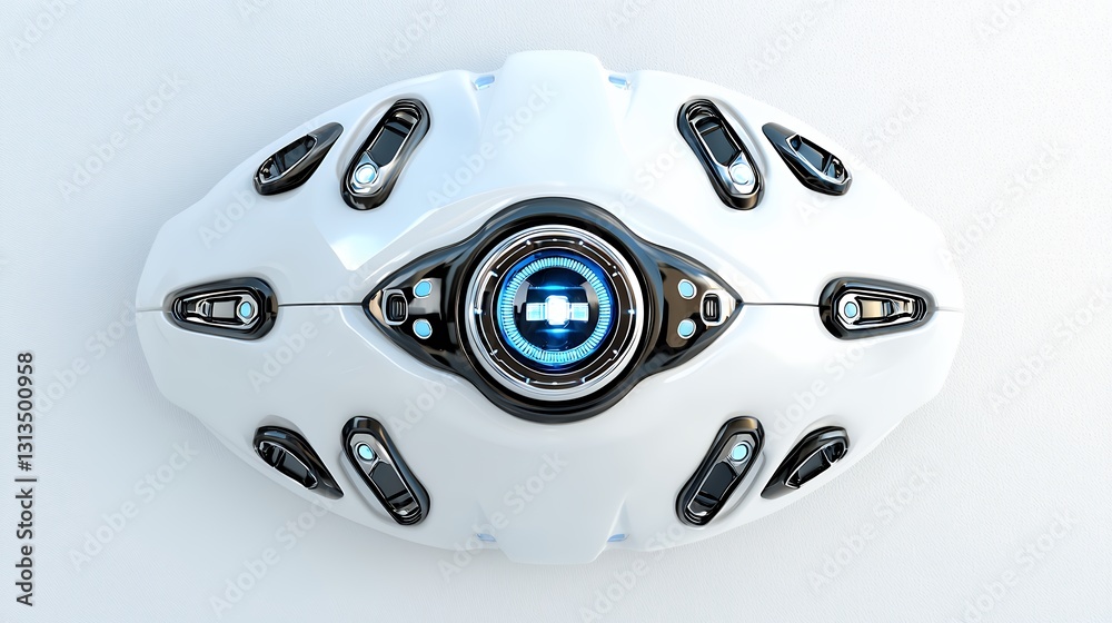 A sleek futuristic technological device featuring a striking blue center surrounded by a white glossy outer shell with intricate details. A sleek futuristic technological device featuring a striking blue center surrounded by a white glossy outer shell with intricate details.