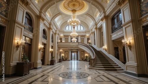 Elegant Grand Hall with a Stunning Chandelier and Stately Architecture