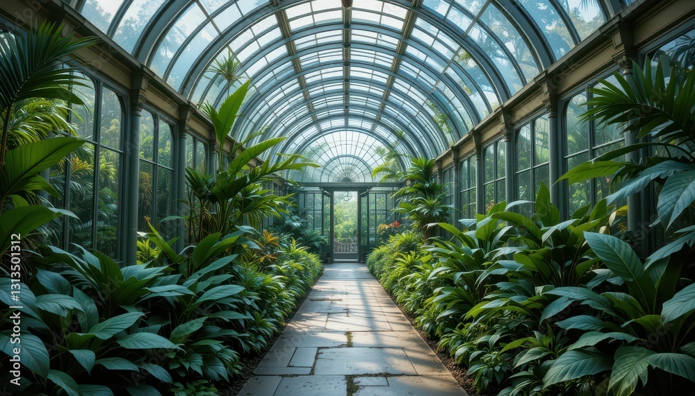Serene Indoor Garden in Glass Conservatory with Lush Greenery Serene Indoor Garden in Glass Conservatory with Lush Greenery