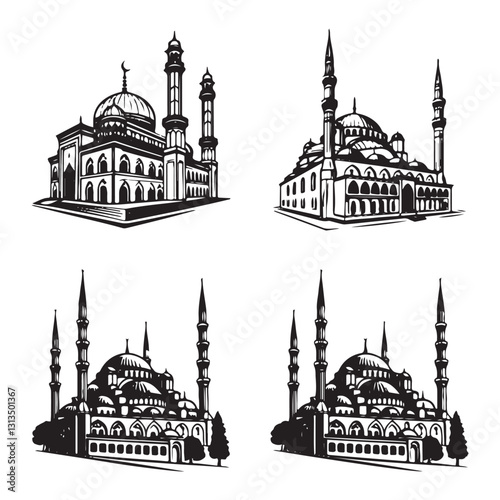 Minimalist Blue Mosque Silhouette with Istanbul Skyline for Cultural Designs