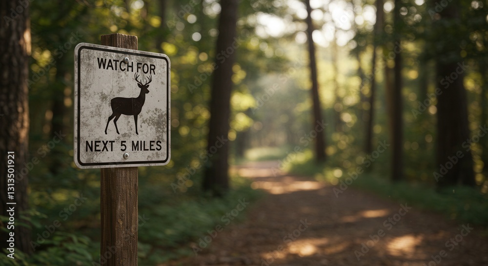 Deer Crossing Warning Sign in Forest Next 5 Miles Ahead Deer Crossing Warning Sign in Forest Next 5 Miles Ahead