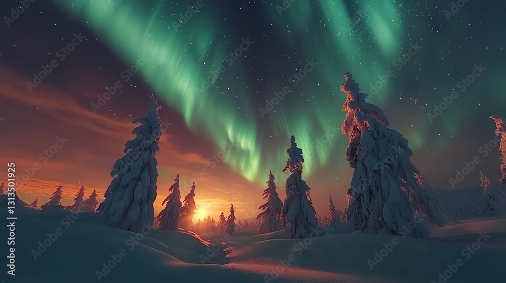 Naklejka premium Mesmerizing Aurora Borealis Lighting Up a Winter Landscape at Sunset