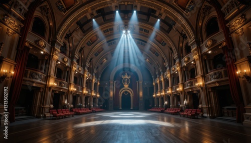 Grand Theater Interior with Dramatic Lighting and Empty Stage