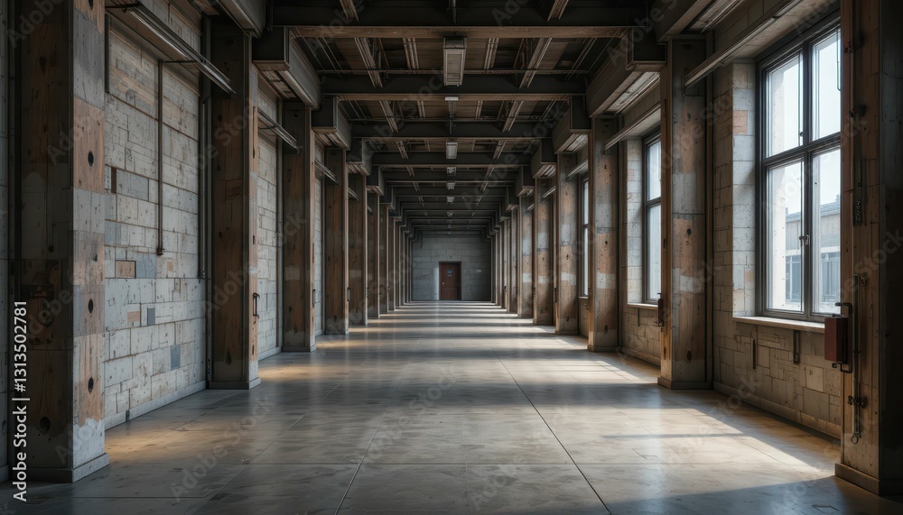 Expansive Industrial Corridor with Concrete Walls and Sunlight Expansive Industrial Corridor with Concrete Walls and Sunlight