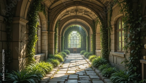 Serene and Radiant Hallway with Lush Greenery and Natural Light