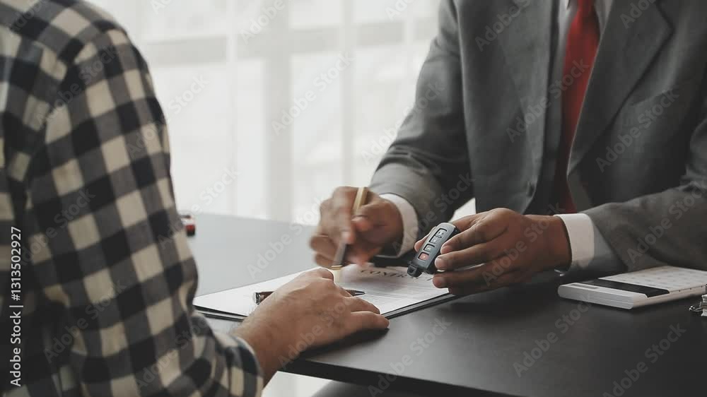 Car insurance documents or rental concept. A car broker helps his customers and explains the details of car contacts. Car keys. Buy or sell, sign.