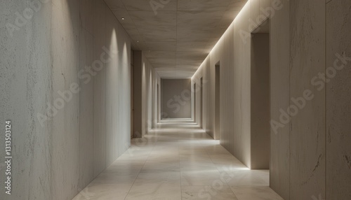 Modern Minimalist Hallway with Soft Lighting and Stone Walls