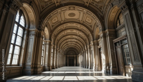 Grand Architectural Corridor with Arched Ceilings and Elegant Lighting