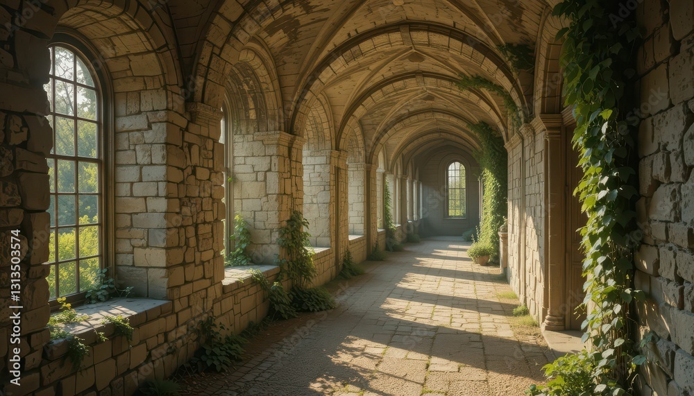 Serene Ancient Archway with Ivy Lining Sunlit Stone Columns Serene Ancient Archway with Ivy Lining Sunlit Stone Columns
