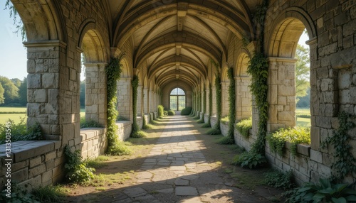 Serene Stone Archway Surrounded by Lush Greenery and Light