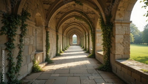 Serene Archway Corridor Surrounded by Lush Greenery and Light