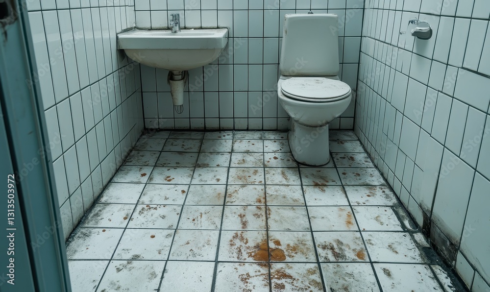 Grungy Public Restroom with Dirty Floor, Toilet, and Sink in an Unkempt Condition, Ideal for Documenting Hygiene Issues and Urban Decay Grungy Public Restroom with Dirty Floor, Toilet, and Sink in an Unkempt Condition, Ideal for Documenting Hygiene Issues and Urban Decay