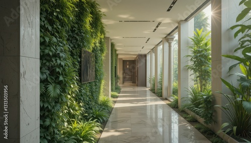 Serene Indoor Walkway Surrounded by Lush Greenery and Natural Light