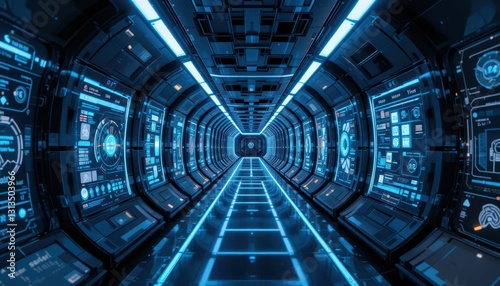 Futuristic High-Tech Corridor with Neon Lights and Digital Displays