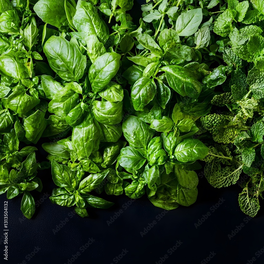 A fresh bunch of green basil leaves displayed in a vibrant manner with ample copy space for realistic illustrations A fresh bunch of green basil leaves displayed in a vibrant manner with ample copy space for realistic illustrations