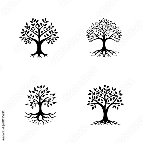 Tree with roots icon set isolated on white background. Vector illustration