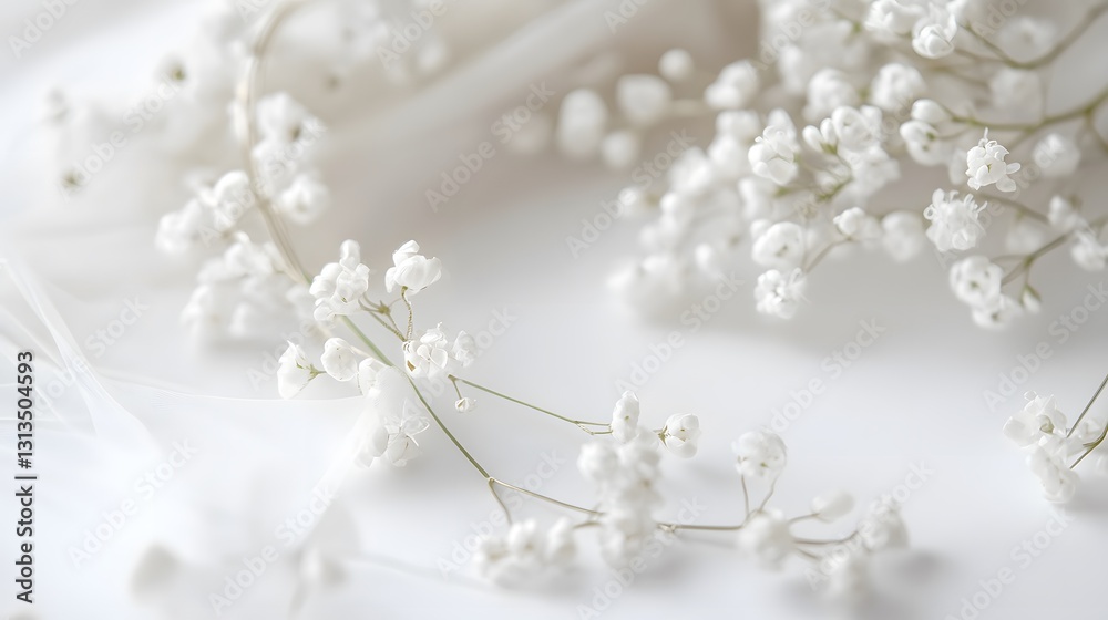 Delicate white babys breath flowers arranged on a white surface Delicate white babys breath flowers arranged on a white surface