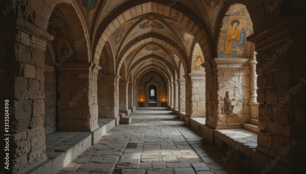 Serene Stone Cloisters with Arched Ceilings and Religious Artwork Serene Stone Cloisters with Arched Ceilings and Religious Artwork