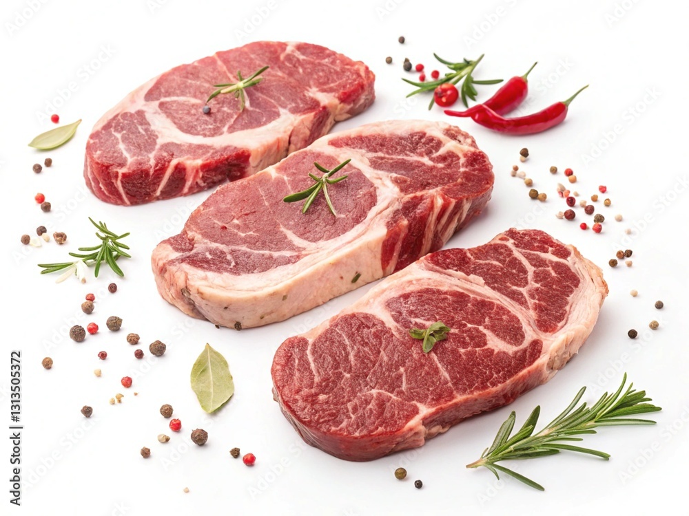 Fresh Raw Meat Slices with Spices and Herbs Fresh Raw Meat Slices with Spices and Herbs