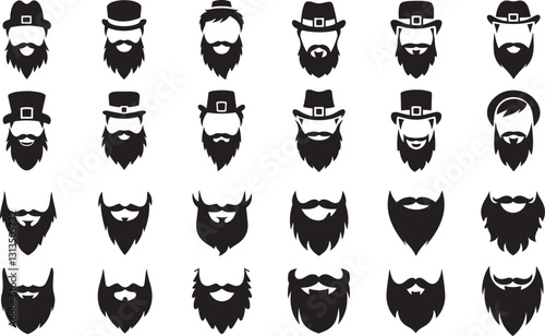 Beard and leprechaun face silhouette vector set mustache styles, Irish hats, hipster beards, black facial hair icons for St. Patrick’s Day