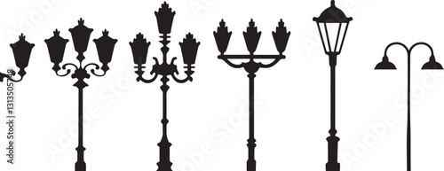 Street lamp post silhouette vector set with vintage and modern lanterns, urban outdoor lighting, decorative city streetlights and poles
