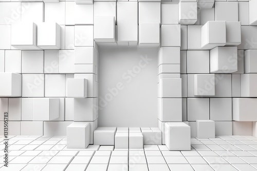 3D render of an abstract white background with cube-shaped wall boxes, white floor, and empty central space, front-facing view.