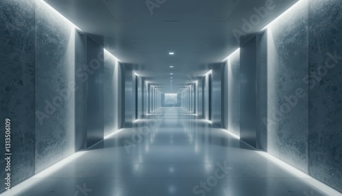 Futuristic Empty Corridor with Glowing Lights and Reflective Surfaces
