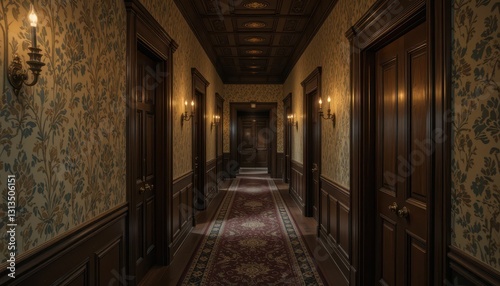 Elegant Vintage Hallway with Floral Wallpaper and Wooden Doors