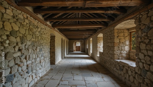 Serene Stone Corridor with Natural Light and Wooden Beams Interior