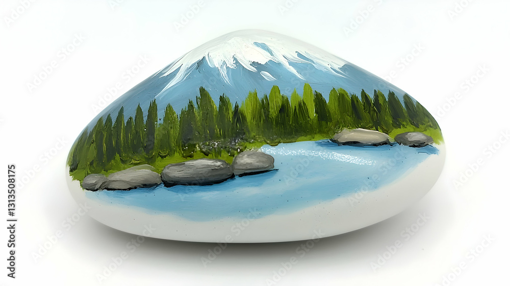Obraz premium Painted rock art, mountain lake scene, nature, craft