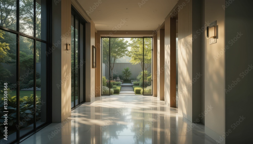 Elegant Modern Hallway with Natural Light and Lush Greenery View Elegant Modern Hallway with Natural Light and Lush Greenery View