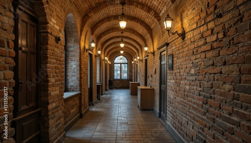 Charming Brick Hallway with Warm Lights and Historical Architecture