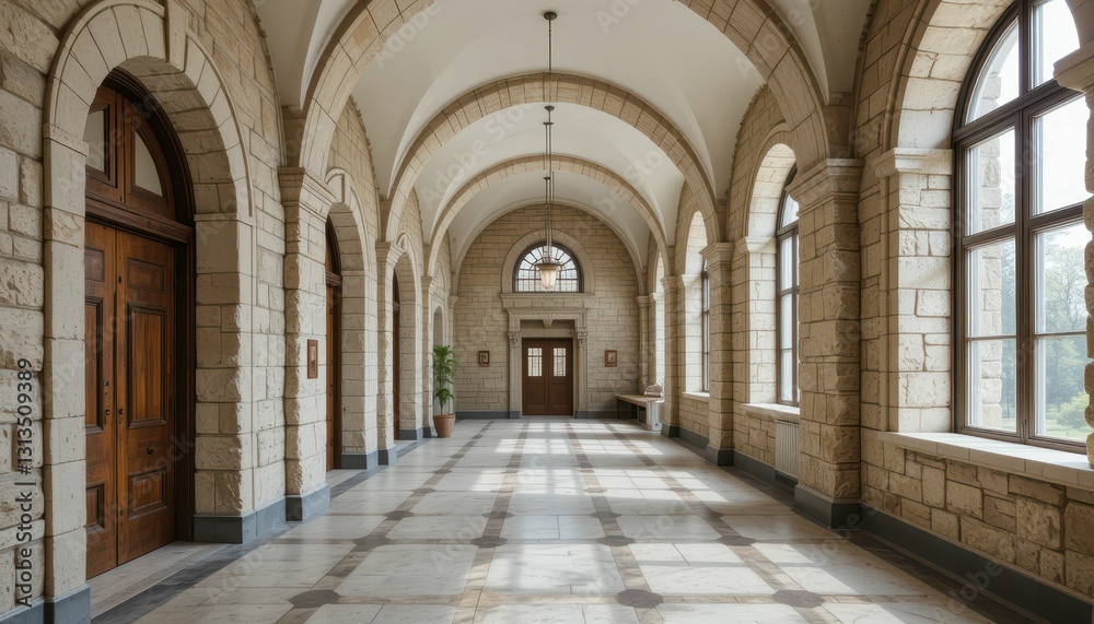 Elegant stone corridor with arches and large windows in daylight Elegant stone corridor with arches and large windows in daylight