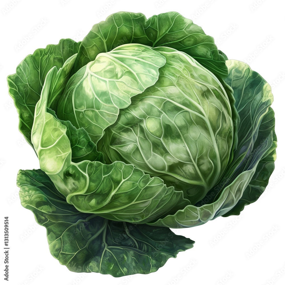 Fototapeta premium Fresh green cabbage showcasing vibrant leaves and a crisp, round head.