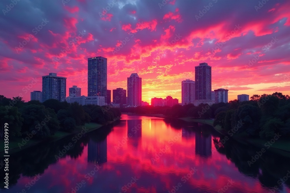 Fototapeta premium Vibrant sunset colors paint the Orlando skyline, dusk settles , buildings, architecture