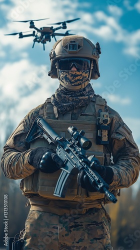 A special forces soldier with a drone and an automatic weapon while donning body armour, a helmet, and a mask stands in the backdrop.