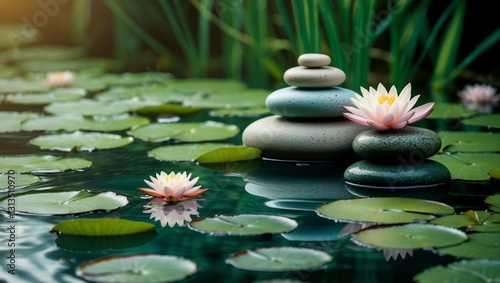 Zen stones and water lilies create a spa still life of natural harmony