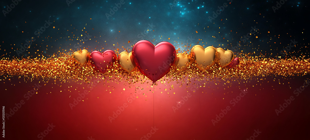 Fototapeta premium A celebration of love, gold and red hearts in a starry sky