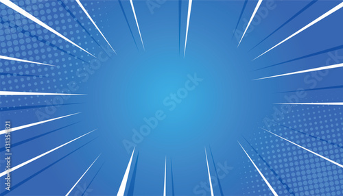 Vintage pop art blue comic background. blue starburst and halftone. comic abstract blue background