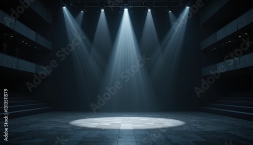 Empty Theater Stage with Dramatic Spotlight and Geometric Design