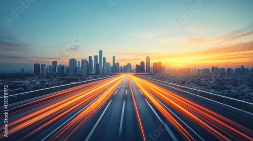 Metropolitan night cityscape with vibrant light trails showcasing urban transportation at dawn and modern metropolis architecture