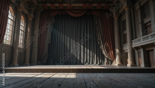 Elegant Classic Theater Stage with Draped Curtain and Light Rays
