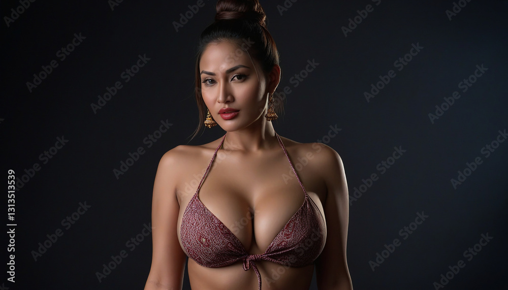 Fototapeta premium Attractive and beautiful Nepali woman showcasing modern bikini bra, isolated background