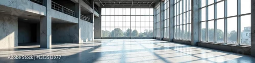 Panel kuchenny z motywem Sleek modern building interior, unfinished, large windows, polished concrete floors, construction, bright, architecture