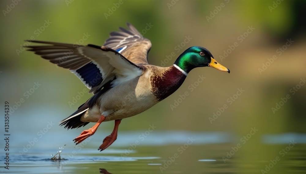Obraz premium Wild duck airborne, sharp detail, clean background , wildlife photography, bird flight, nature photography