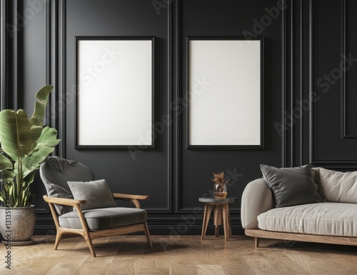Black framed art  lounge room  empty posters  modern design