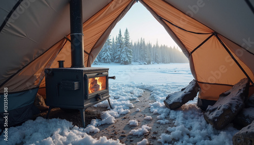 Cozy winter camping scene with a wood stove inside a tent overlooking snow-covered landscape