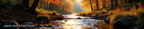 Sunlight dappled, cool creek flows through vibrant autumn forest ,  creek,  river